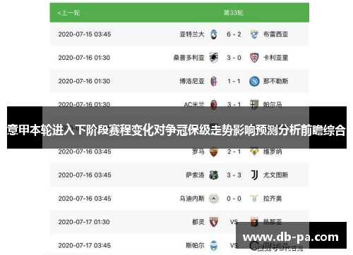 意甲本轮进入下阶段赛程变化对争冠保级走势影响预测分析前瞻综合 意甲本轮进入下阶段赛程变化对争冠保级走势影响预测分析前瞻综合