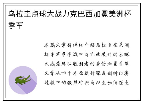 乌拉圭点球大战力克巴西加冕美洲杯季军