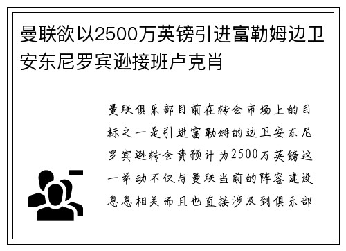 曼联欲以2500万英镑引进富勒姆边卫安东尼罗宾逊接班卢克肖